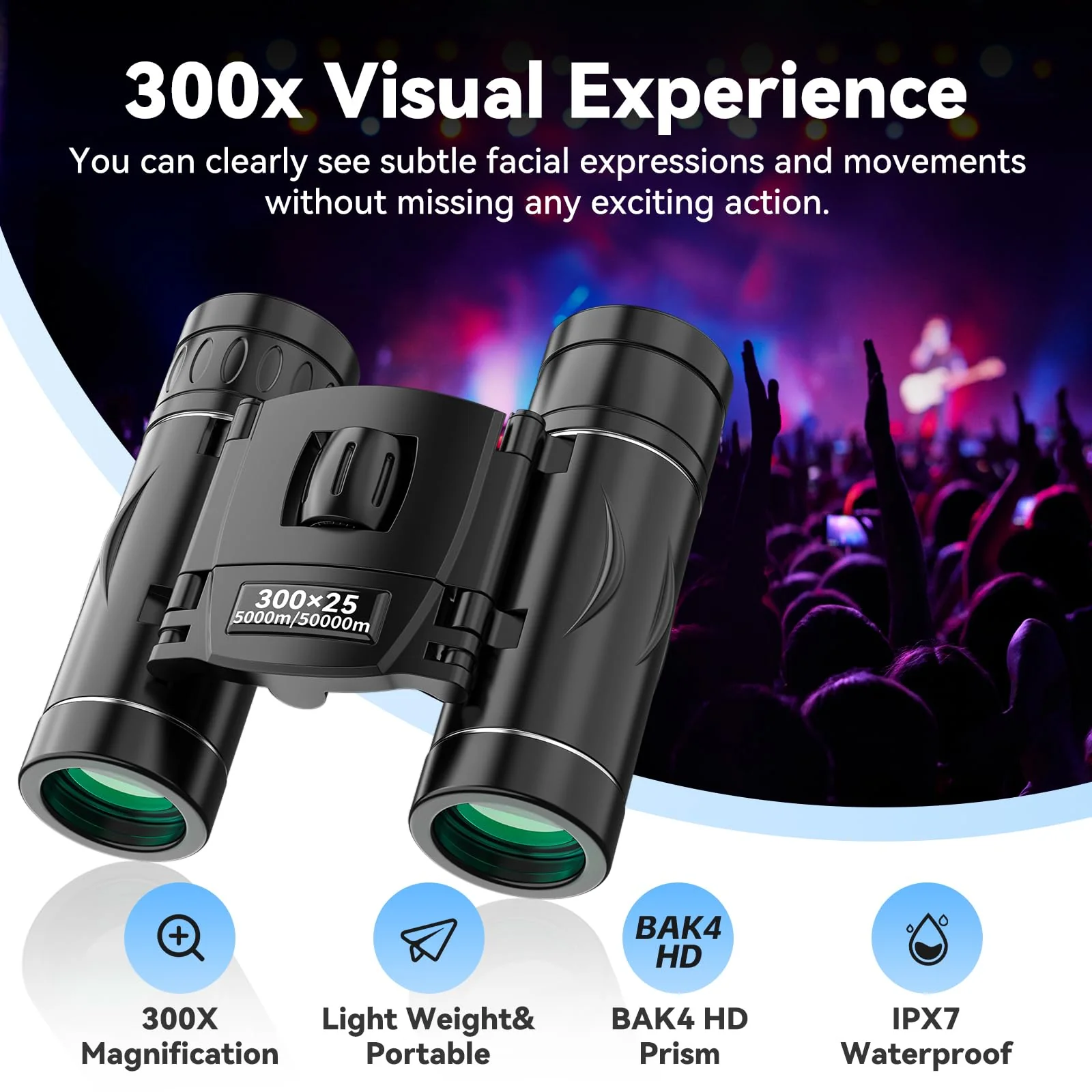 300x25 Binoculars for Adults and Kids, High Powered Mini Pocket Binoculars with Phone Adapter, Waterproof Compact Binoculars for Bird Watching, Hunting, Concert, Theater, Opera, Traveling, Sightseeing Black - Image 3